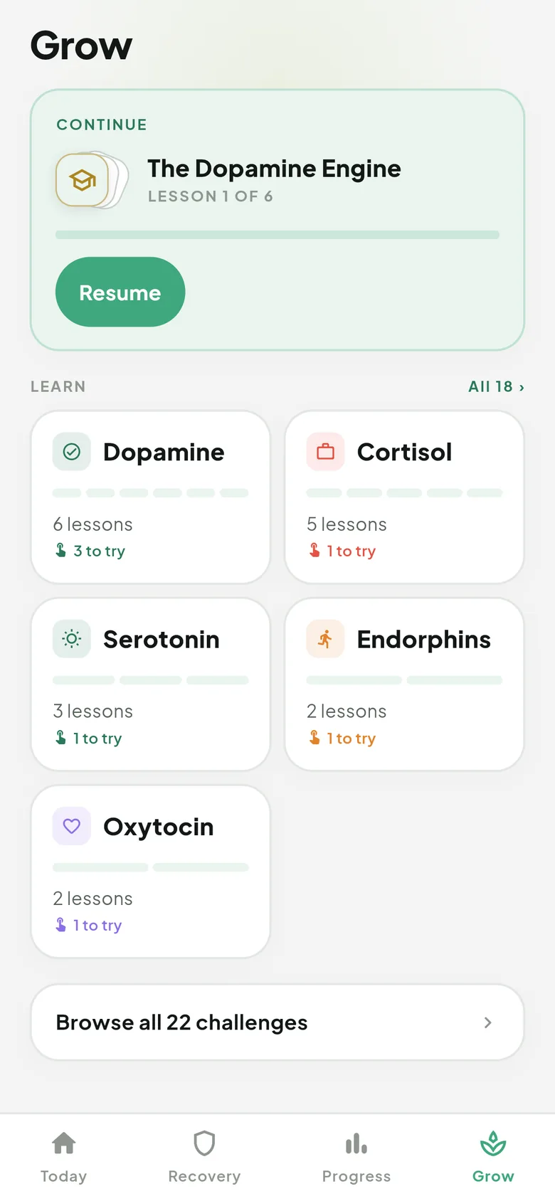 Grow screen: continue The Dopamine Engine lesson, then the five Academy tracks — dopamine, cortisol, serotonin, endorphins, oxytocin.