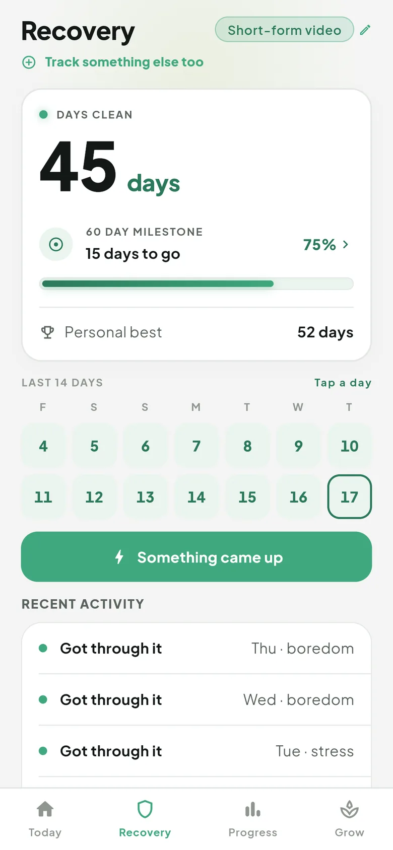 Recovery screen: 45 days clean, 15 days to the 60-day milestone, personal best 52 days, and the last 14 days as a calendar.
